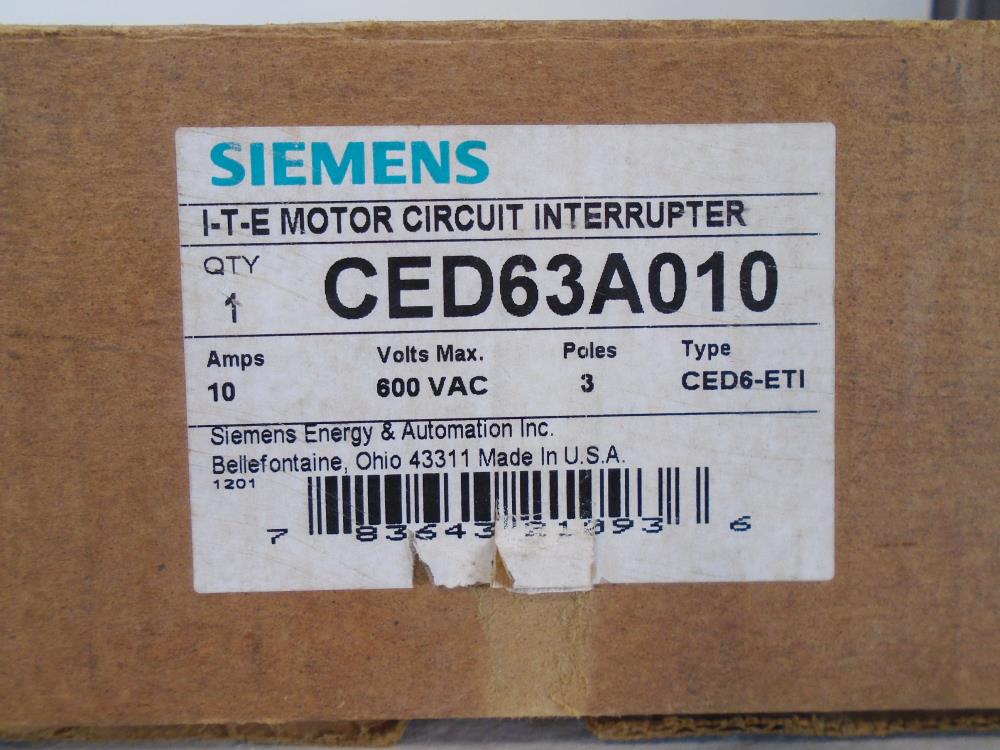 Siemens I-T-E Motor Circuit Interrupter, 600 VAC, 3-Pole, 10 Amp, CED63A010